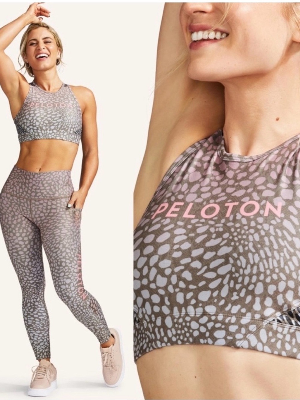 Peloton Taupe & Pink High-Neck Patterned Sports Bra & Leggings Set
